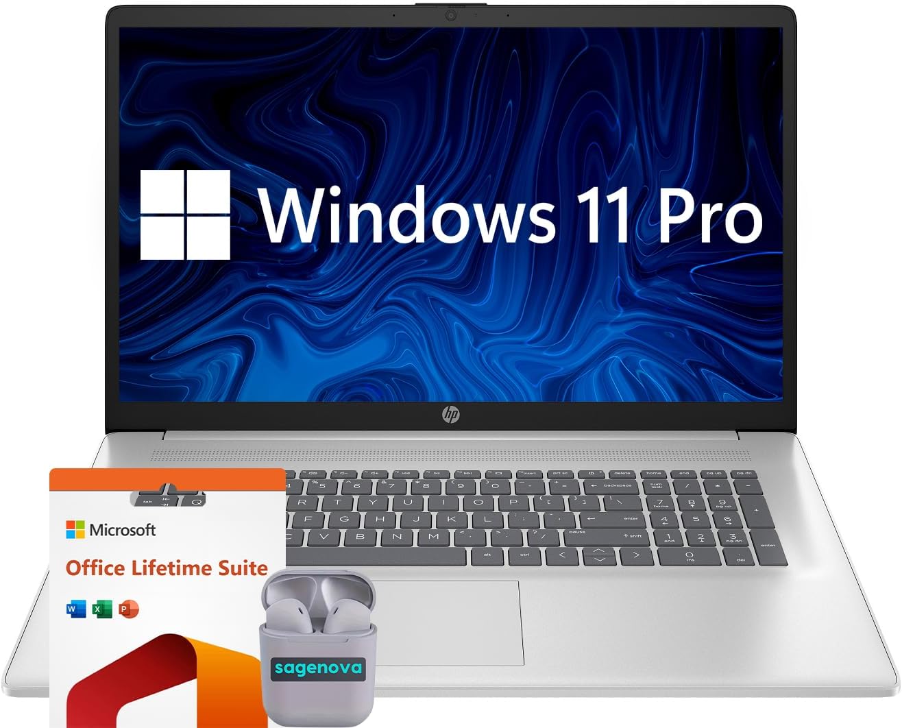 HP 17.3' Business Laptop Computer, Windows 11 Pro 17 Inch Laptop 16GB RAM 1TB SSD, Intel Core i3-N305 8-Core, Microsoft Office Lifetime Suite, Numeric Keypad, SageNova Earphones, Natural Silver