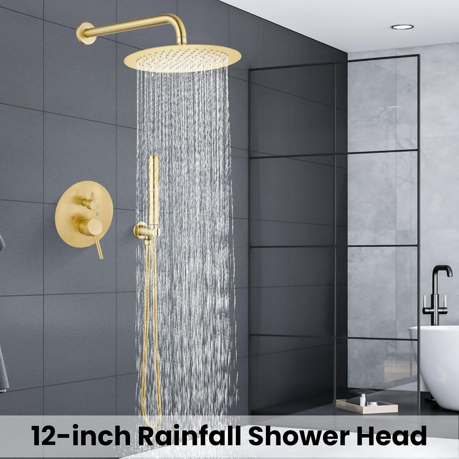 Airuida Shower Faucet Set, Bathtub Faucet Set with 12 Inch Rain Shower Head and Valve,2 Functions Tub Shower Faucet Set for Bathroom-Brushed Gold