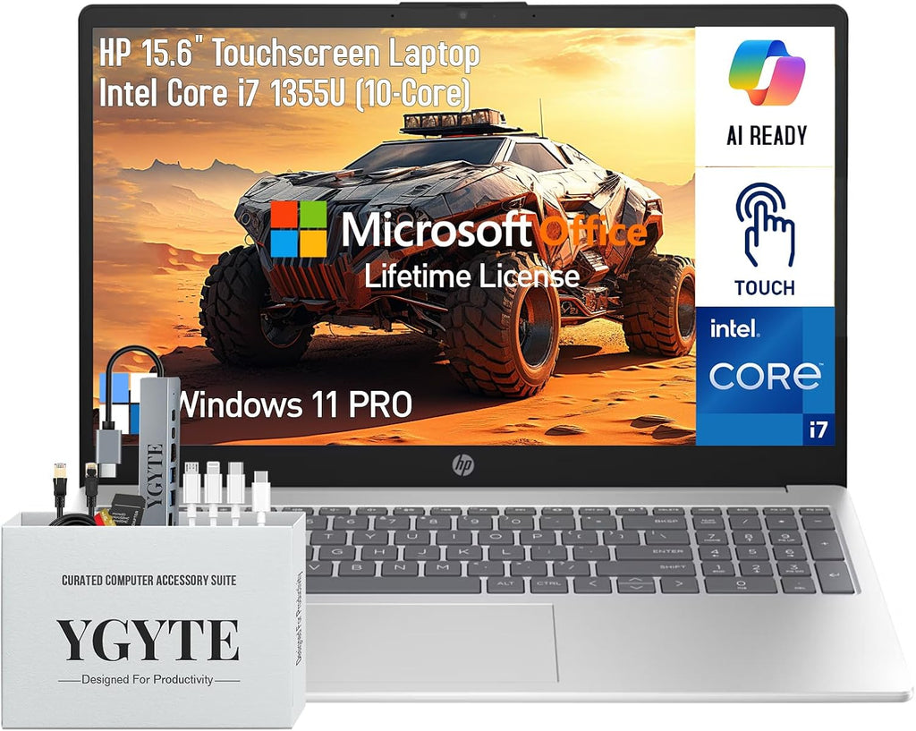 HP 15 Inch Laptop Touchscreen Computer PC, 15.6 FHD IPS Touch Screen Business Laptop, Intel 10-Core i7-1355U, Windows 11 Pro Lifetime Office, 24GB RAM 512GB SSD+512GB Docking Set, 10 Key Number Pad