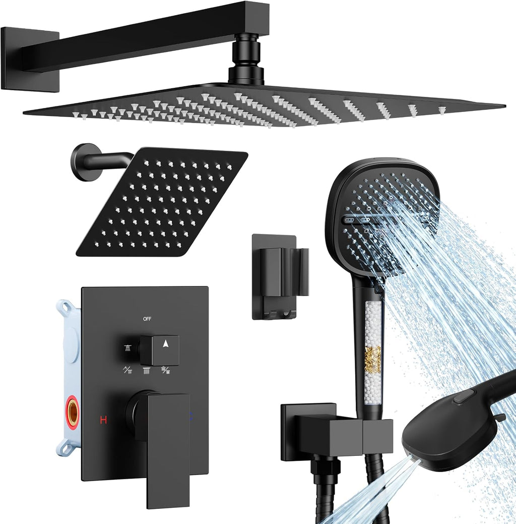 Shower System Matte Black Shower Faucet Sets, Dual Head Shower Set STARBATH 12'' +6'' Wall Mount Rainfall Shower Systems with Multifunctional Filtered Handheld Sprayer for Two Person