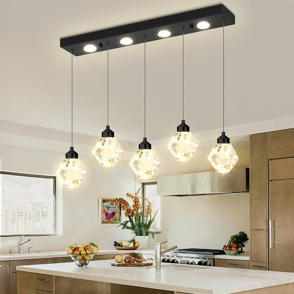 5-Lights Rectangular Pendant Light LED Dimmable Linear Crystal Chandelier Modern Rectangular Chandeliers for Dining Room Bedroom Black Hanging Light