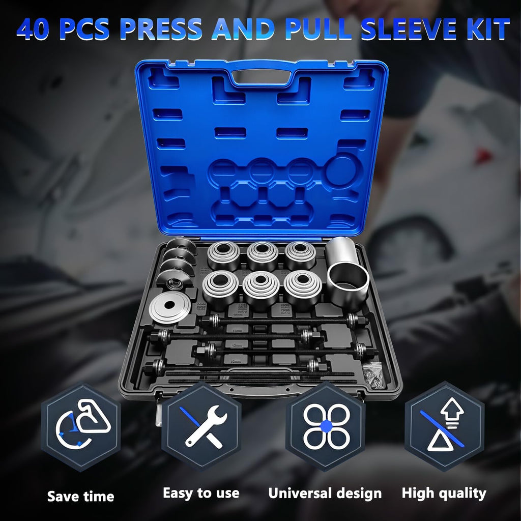 40Pcs Pull and Press Sleeve Kit, Bushing Press Kit for Most Engine Cars Vehicles, Universal Seal Bearing Bushing Removal Installation Tool Kit 4 Pulling Spindles with Nuts Case