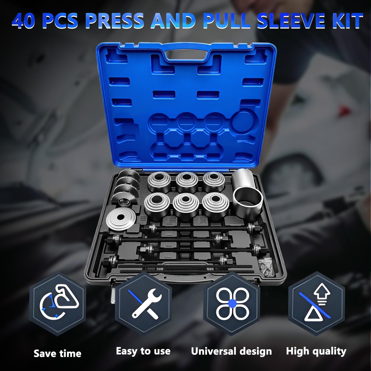 40Pcs Pull and Press Sleeve Kit, Bushing Press Kit for Most Engine Cars Vehicles, Universal Seal Bearing Bushing Removal Installation Tool Kit 4 Pulling Spindles with Nuts Case