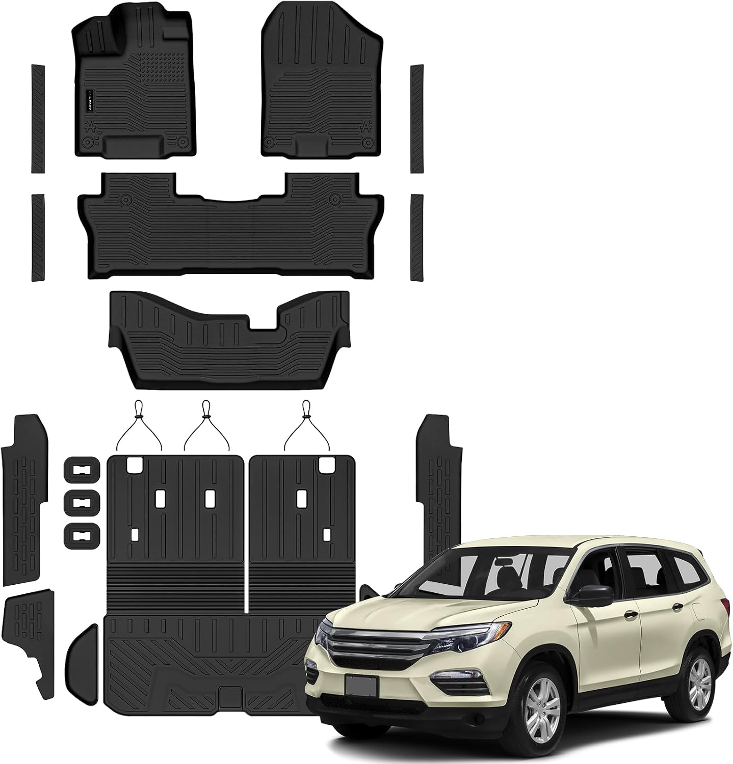 Auxko All Weather Floor Mats Cargo Mat with Backrest Mat for Honda Pilot 8 Passenger 2016-2022 TPE Liners Accessories Guard Odorless Anti-Slip Floor Liners Trunk Tray with Back Seat Protectors