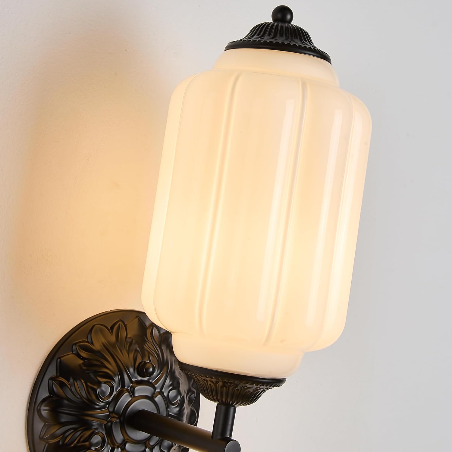 Vintage Milk Glass Vanity Light Fixture Over Mirror, 2-Light Wall Sconce with Black Metal, Vanity Lighting for Bathroom, Living Room, Bedroom