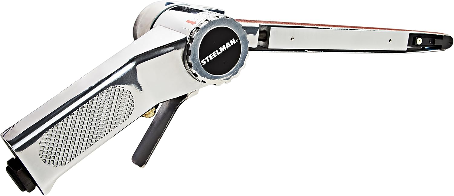 Steelman Air Belt Sander 1/2-inch (13mm) x 24-inch Sanding Belt, 360-degree Rotation, Built-In Regulator, Redirected Exhaust, Pneumatic Sander Tool