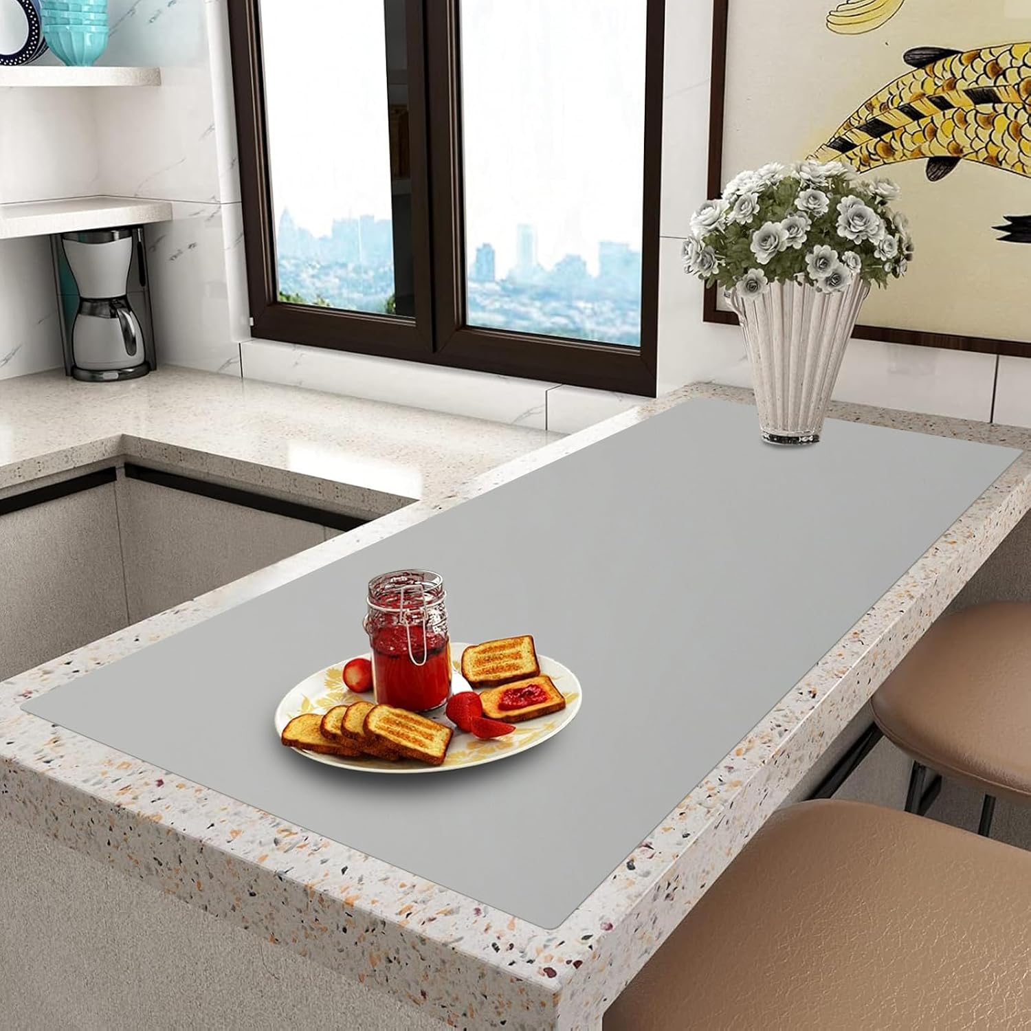 Extra Large Silicone Mat,Silicone Mats for Kitchen Counter Island Dinner Table Countertop Protector Heat Resistant Mat (120' x 48', Grey)