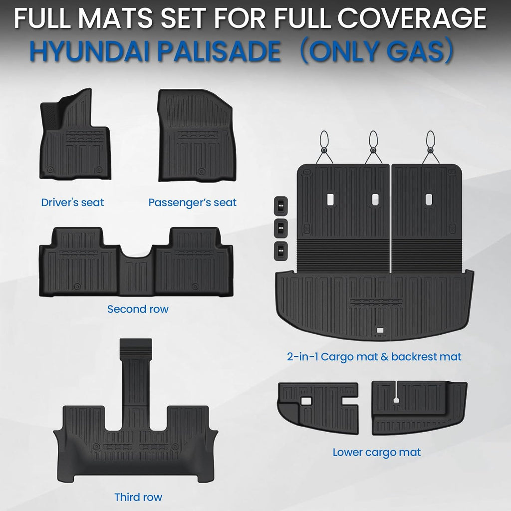 Floor Mats Set for 2026 Hyundai Palisade Gas 7&8 Seats (Not Fit Hybrid), All Weather TPE Cargo Liner Backrest Mats Trunk Lower Mat Accessories