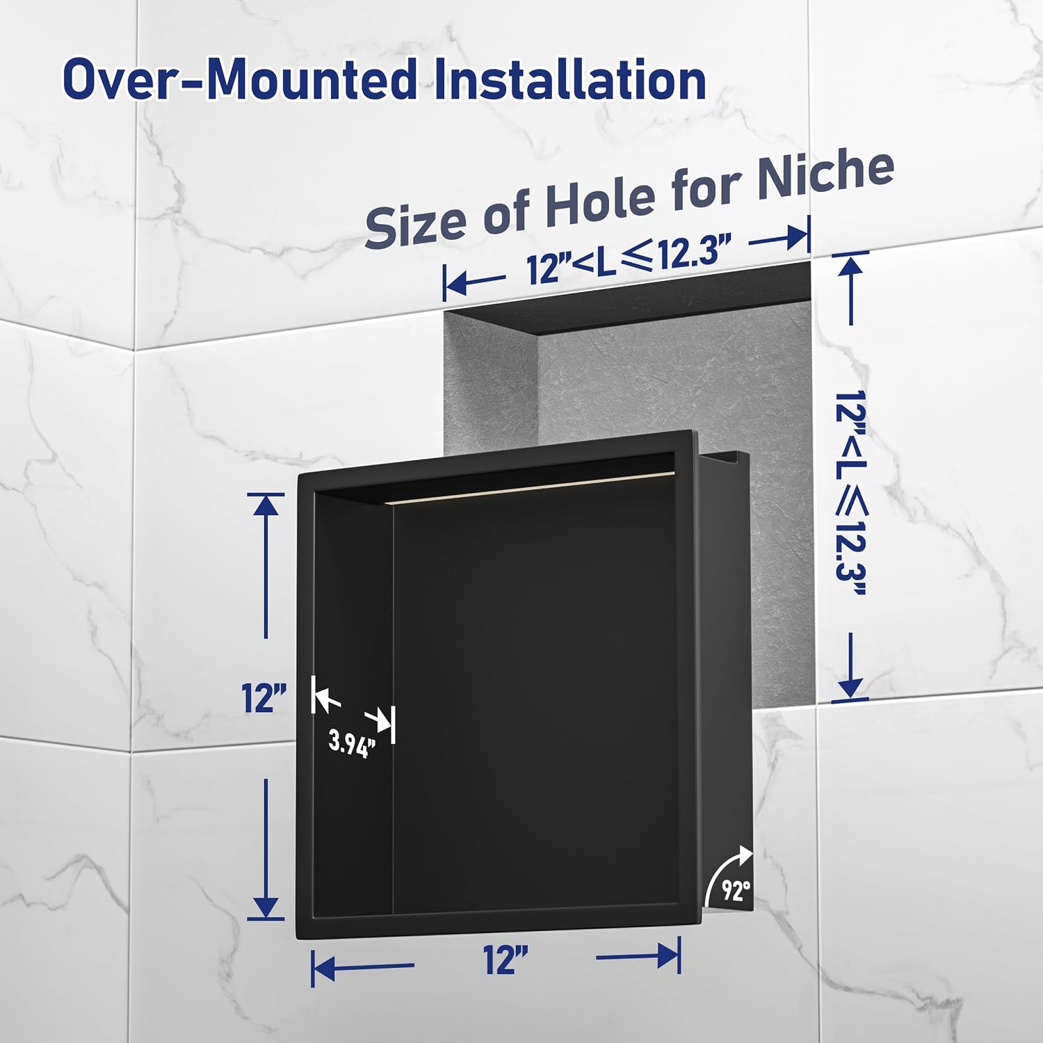 Led Shower Niche 12' X 12' Matte Black 304 Stainless Steel with Lighting Waterproof No Tile Need Shower Shelf for Bathroom Recessed Wall Niche
