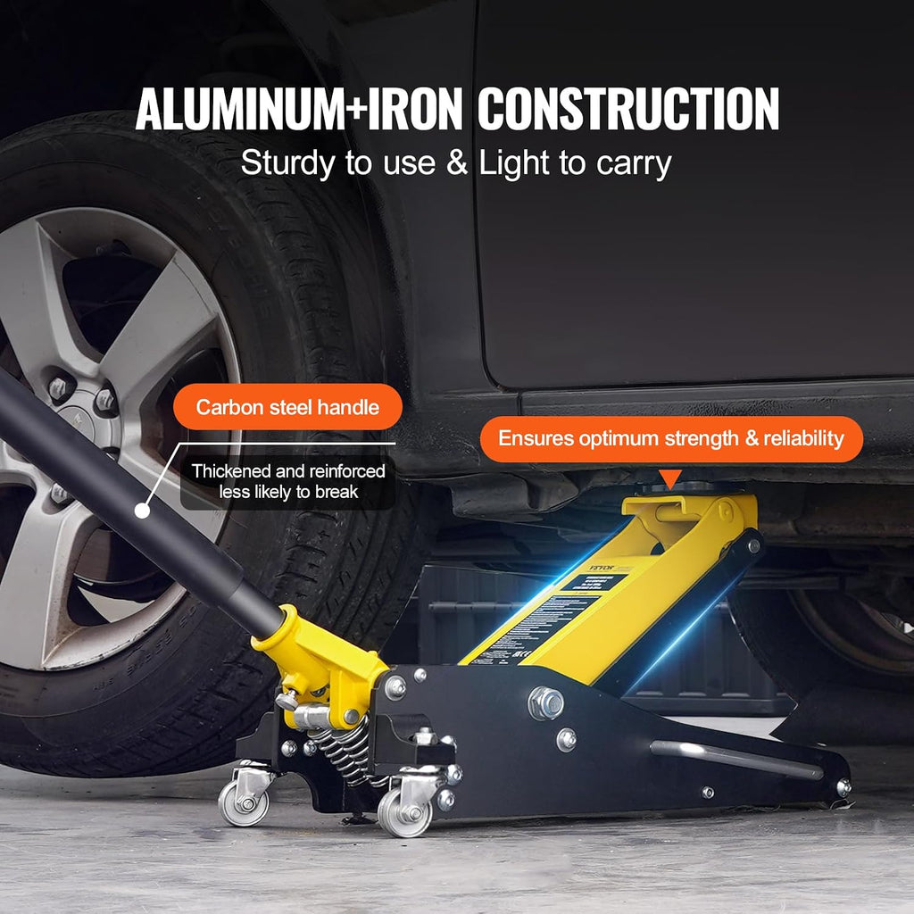 VEVOR Low Profile Floor Jack 2 Ton (4400 lbs), Heavy Duty Aluminum Hydraulic Racing Floor Jack, Hydraulic Car Jack, Dual Piston Quick Lift Pump, 3.2'-14.6' Height Lifting Range (Yellow)