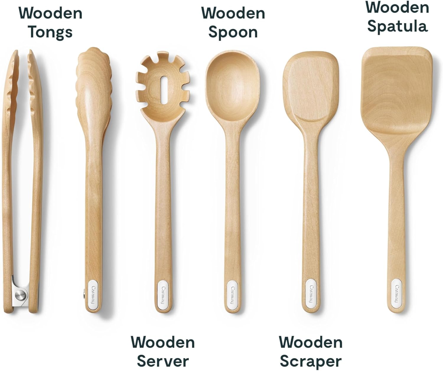 Caraway Wooden Utensil Set - 5 Piece Cooking Utensil Set - Spoon, Server, Scraper, Spatula, & Tongs - Made From FSC-Certified Birch Wood - No Microplastics