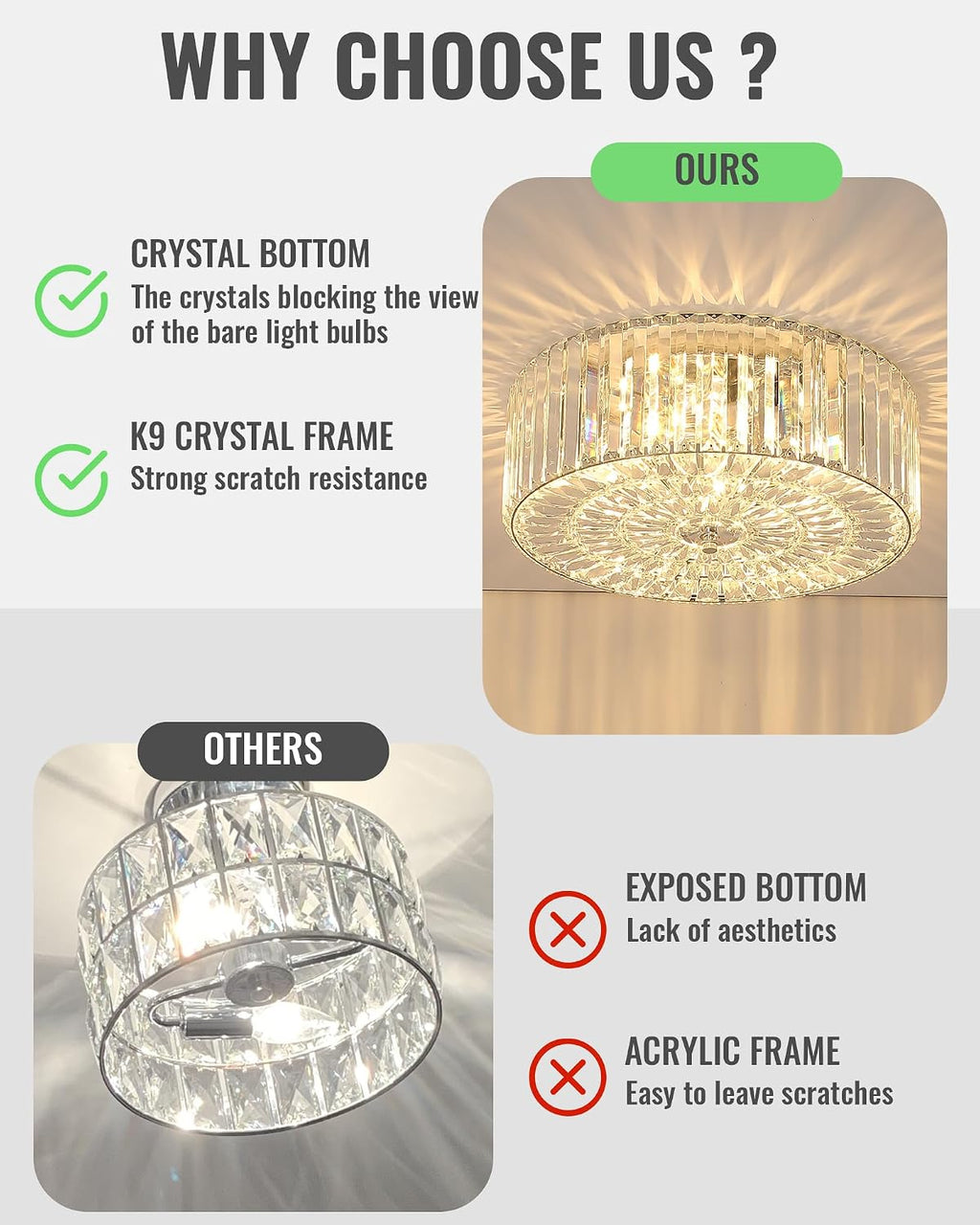 17.5' Large Crystal Ceiling Light, 4-Lights Flush Mount Crystal Ceiling Light, Chrome Ceiling Lamp Modern Chandelier for Bedroom, Dining Room,Living Room, XDD007-4-CH