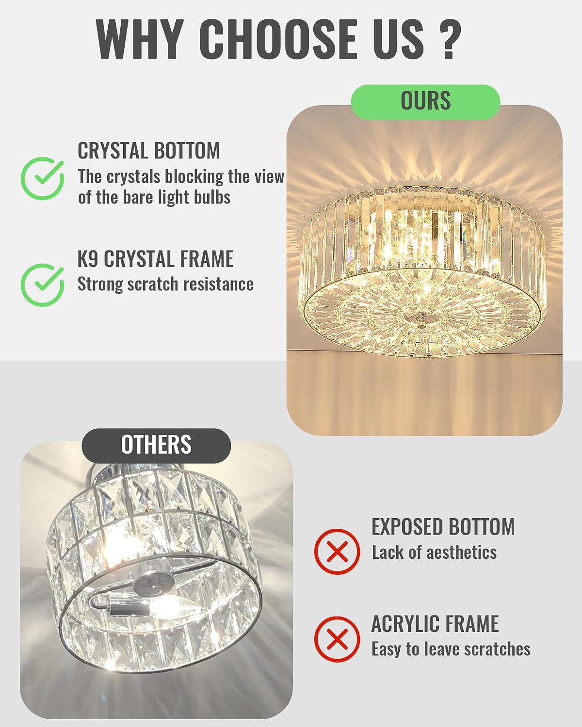 17.5' Large Crystal Ceiling Light, 4-Lights Flush Mount Crystal Ceiling Light, Chrome Ceiling Lamp Modern Chandelier for Bedroom, Dining Room,Living Room, XDD007-4-CH
