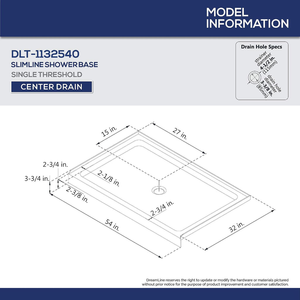 DreamLine SlimLine 32 in. D x 54 in. W x 2 3/4 in. H Center Drain Single Threshold Shower Base in Biscuit, DLT-1132540-22