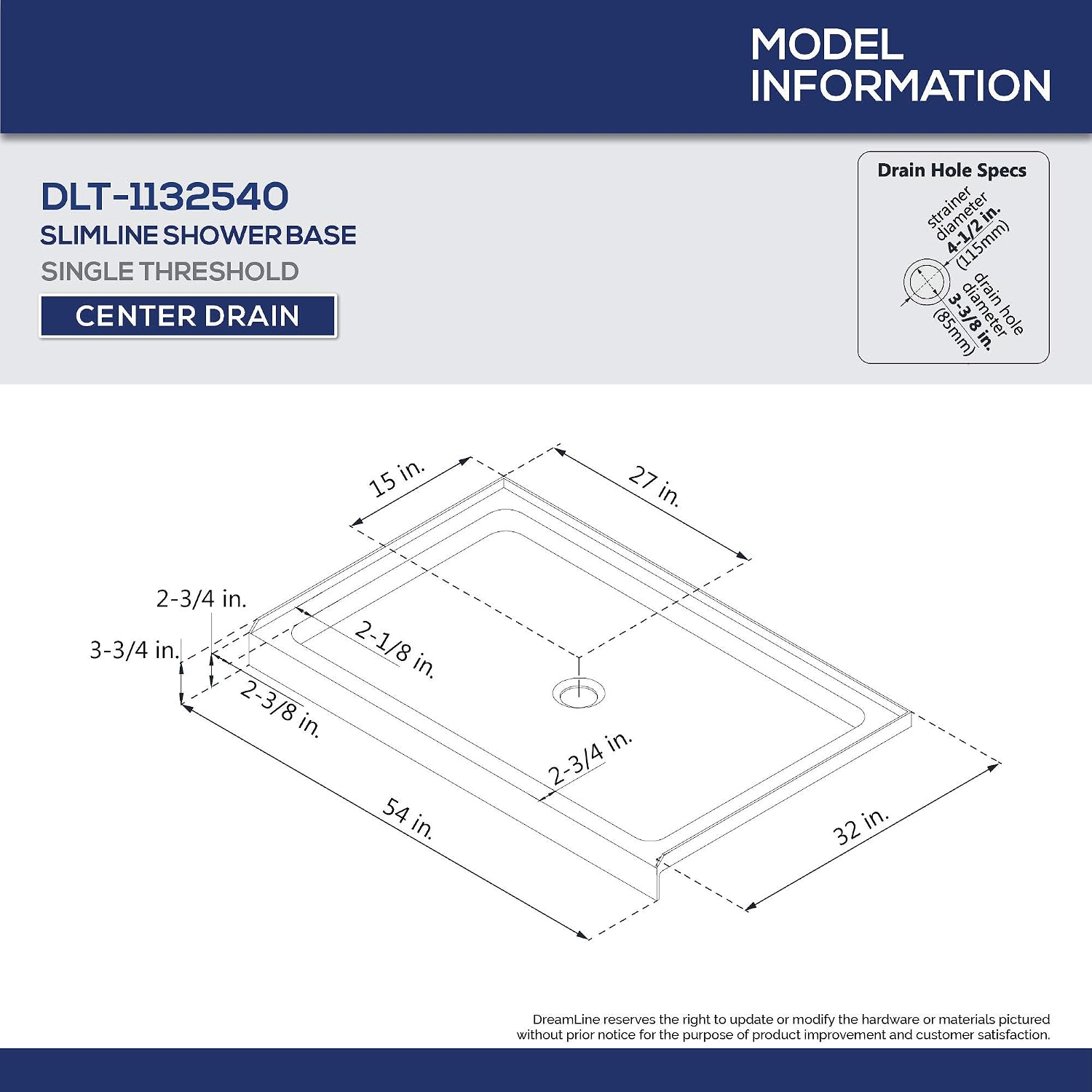DreamLine SlimLine 32 in. D x 54 in. W x 2 3/4 in. H Center Drain Single Threshold Shower Base in Biscuit, DLT-1132540-22