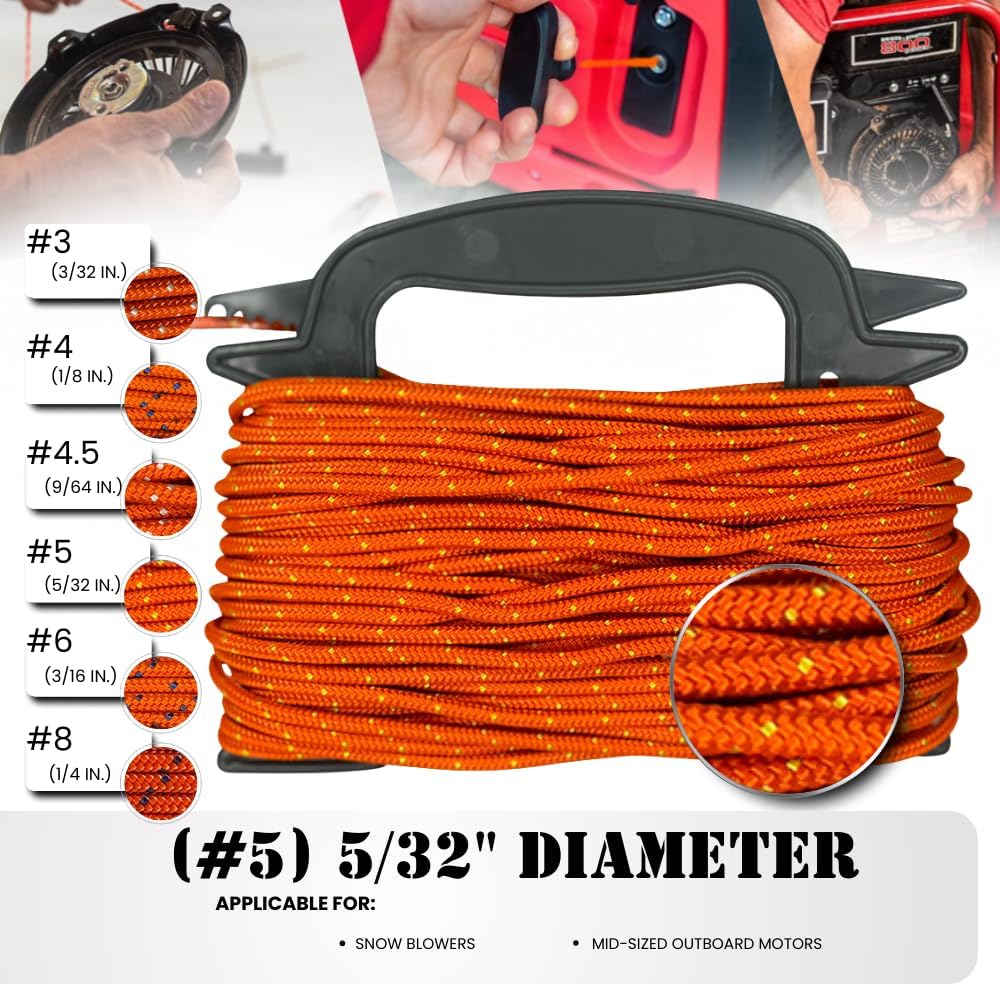 SGT KNOTS #5 Polyester Pull Cord - Small Engine Replacement Cord Rope for Lawn Mowers, Generators & More (5/32 in. x 1000ft) Orange with Yellow Tracer