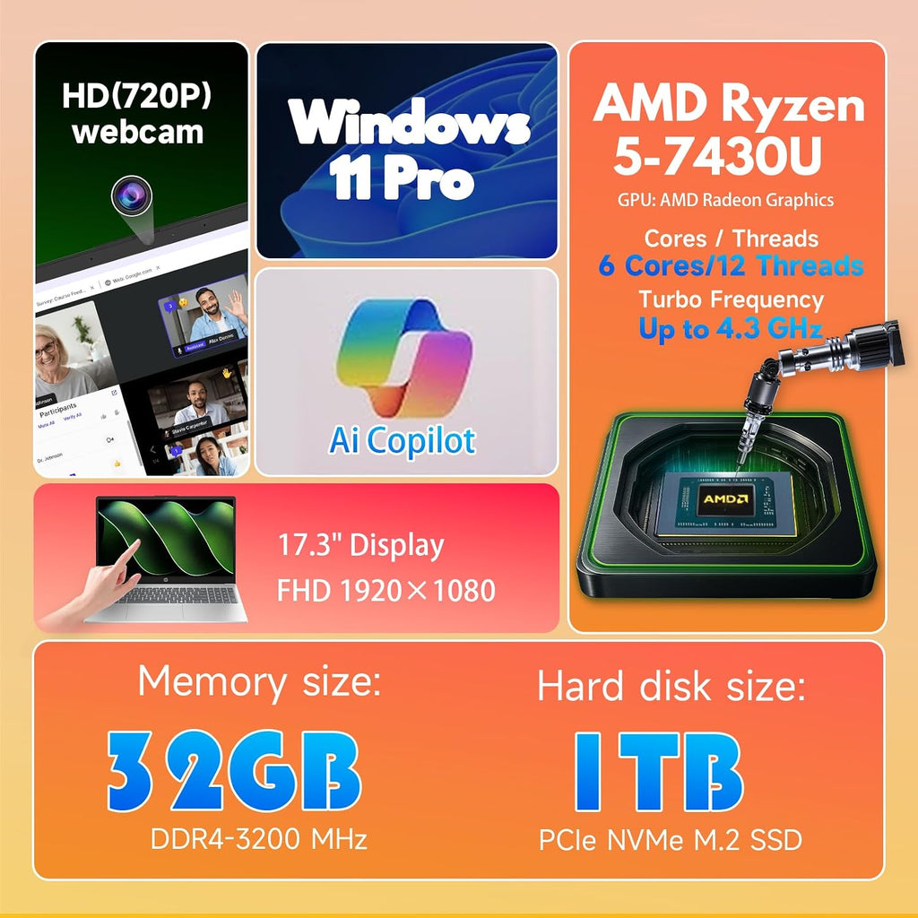 HP 17-inch Laptop Computer for Business & Student - AMD Ryzen 5 7430U(Up to 4.3GHz), 32GB RAM, 1TB SSD, 17.3' FHD IPS Anti-Glare Display, Wi-Fi 6, BT 5.4, Win 11 Pro, w/Redragon Accessories