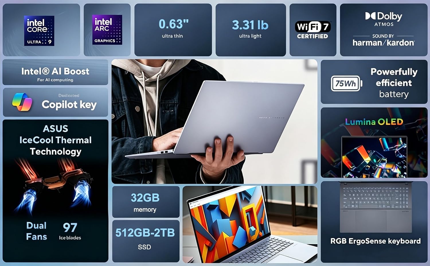 ASUS Vivobook S 16 AI PC Laptop, 16' 3K OLED, 32GB DDR5 RAM, Intel 16-Core Ultra 9 285H (> i9-13900H) for Photographer, Designers, FHD IR Webcam, IST Computer Customized 512GB/1TB/2TB SSD, Win 11 Home