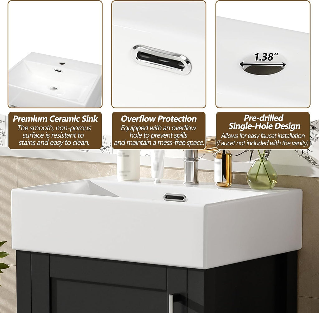 20-inch Bathroom Vanity with Sink Combo Set, Free Standing Single Storage Cabinet with Soft Closing Doors & One Drawer, Solid Wood Vanity Organizer with Ceramic Basin for Bathroom, Black