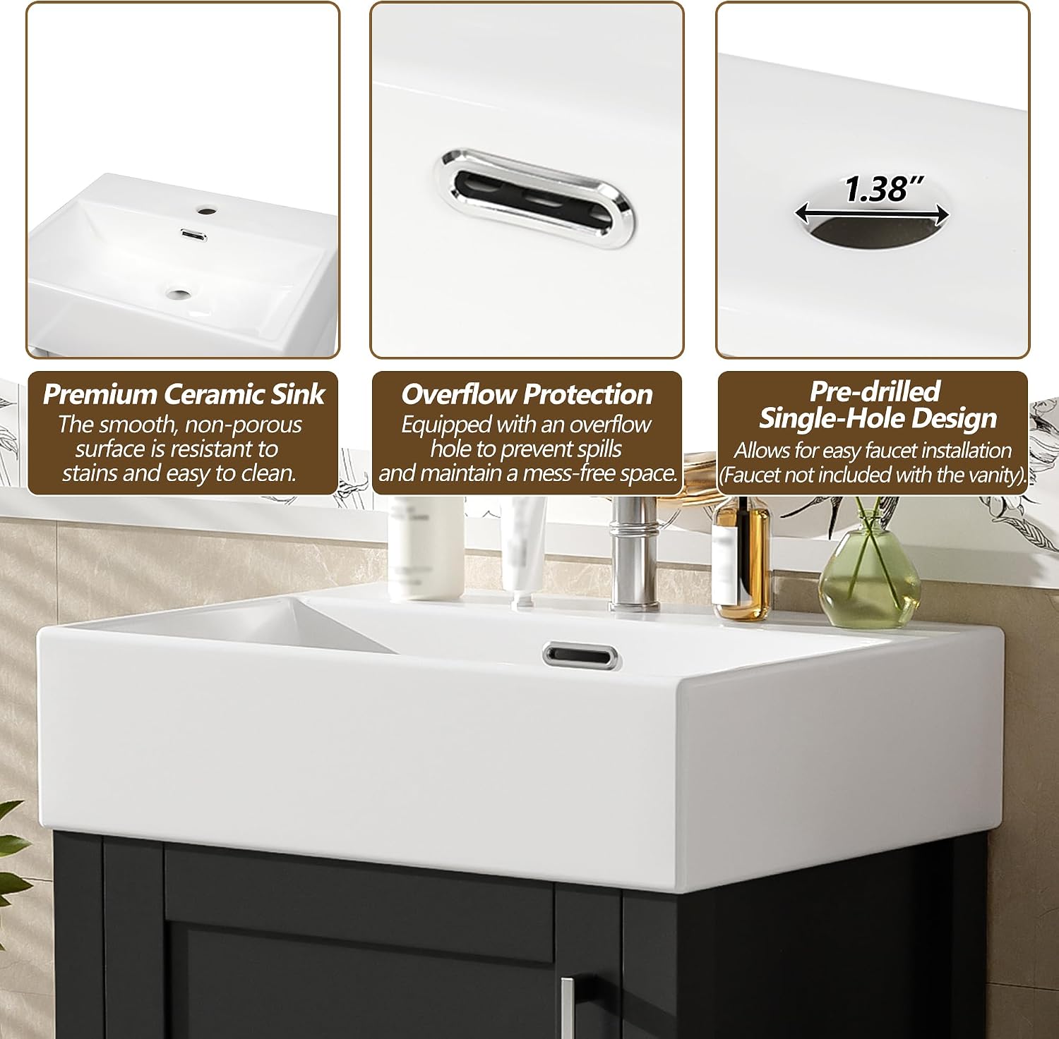 20-inch Bathroom Vanity with Sink Combo Set, Free Standing Single Storage Cabinet with Soft Closing Doors & One Drawer, Solid Wood Vanity Organizer with Ceramic Basin for Bathroom, Black