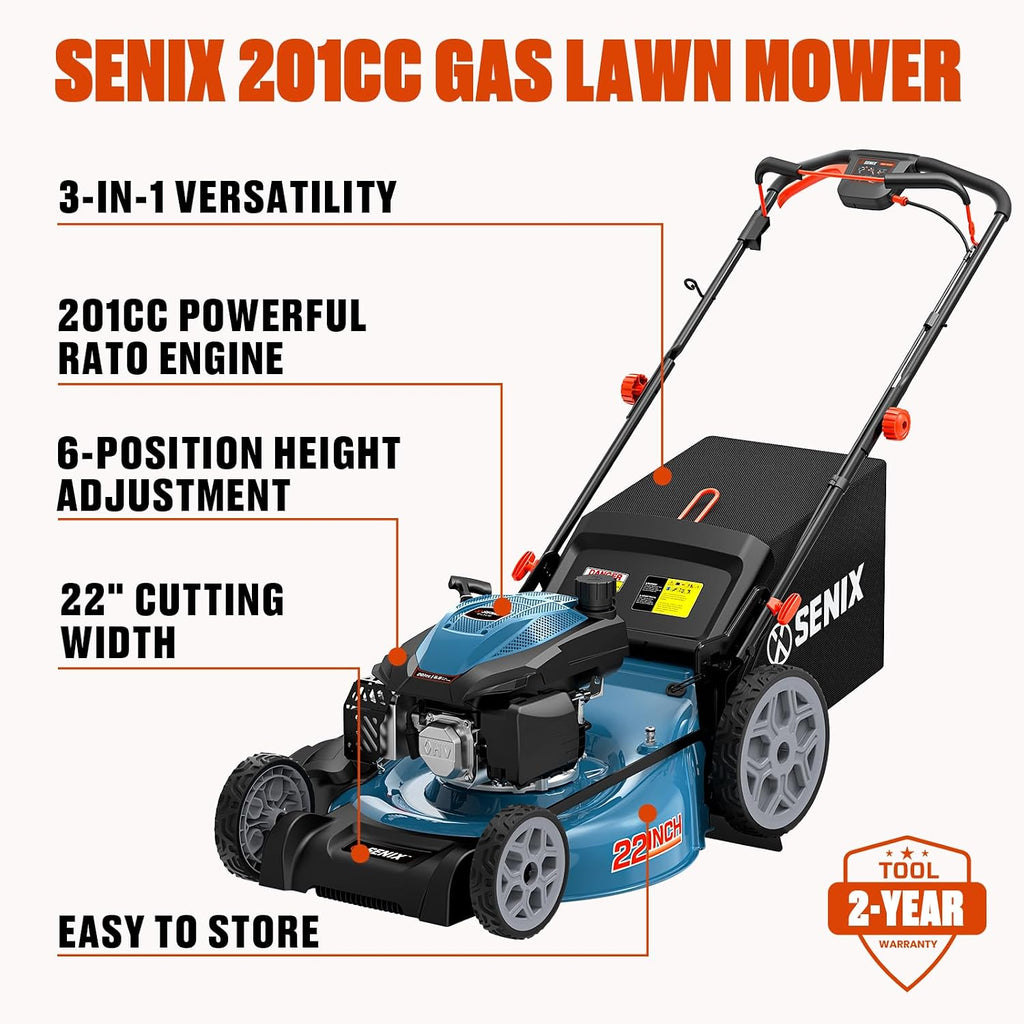 SENIX 201cc 22' 3-in-1 Gas Lawn Mower, Variable Speed Rear Wheel Self-Propelled Mower, Mulching, Bagging, Discharging, Foldable, 6 Cutting Height Adjustable, for Garden Yard