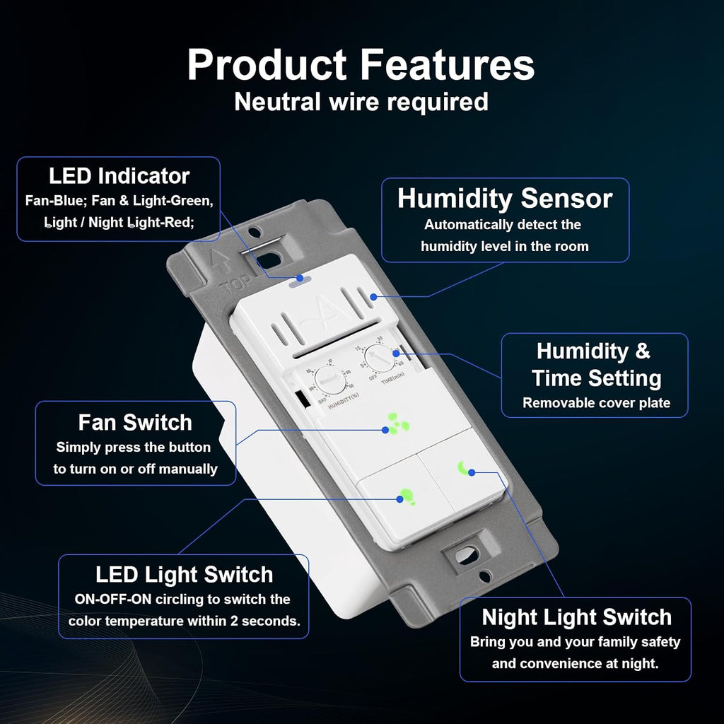 Akicon Bathroom Exhaust Fan with Light, 80CFM 2.0 Sones Powerful Bathroom Fan and Humidity Sensor Switch Combo, 3CCT LED Light and Nightlight Ventilation Fan for Home, Square, White