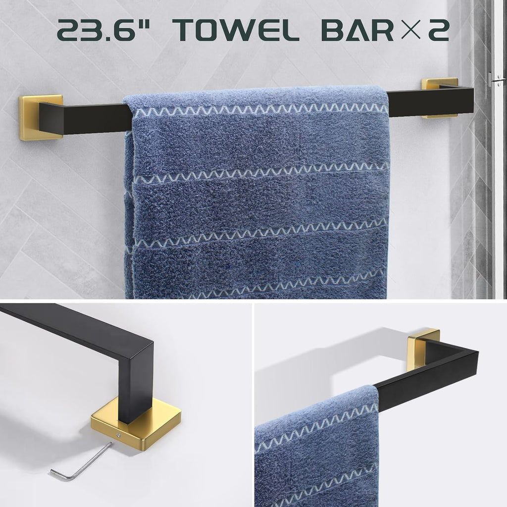 12 Piece Bathroom Hardware Set Black and Gold Square Bathroom Accessories - 2×23 Inch Towel bar, 1×16In Towel bar, 2 × Toilet Paper Holder(1 with Shelf), 2 × Hand Towel Rack and 5 × Towel Hook