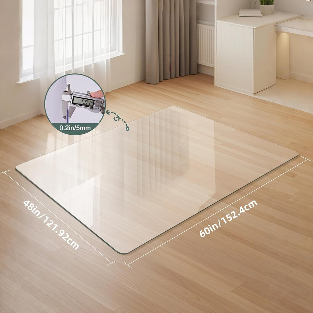 Tempered Glass Chair Mat 60' x 48' - 1/5' Thick, Heavy Duty, Anti-Slip Pads, for Office Chairs on Carpet or Hard Floorr with 4 Anti-Slip Pads, Rolling Glass Chair Mat