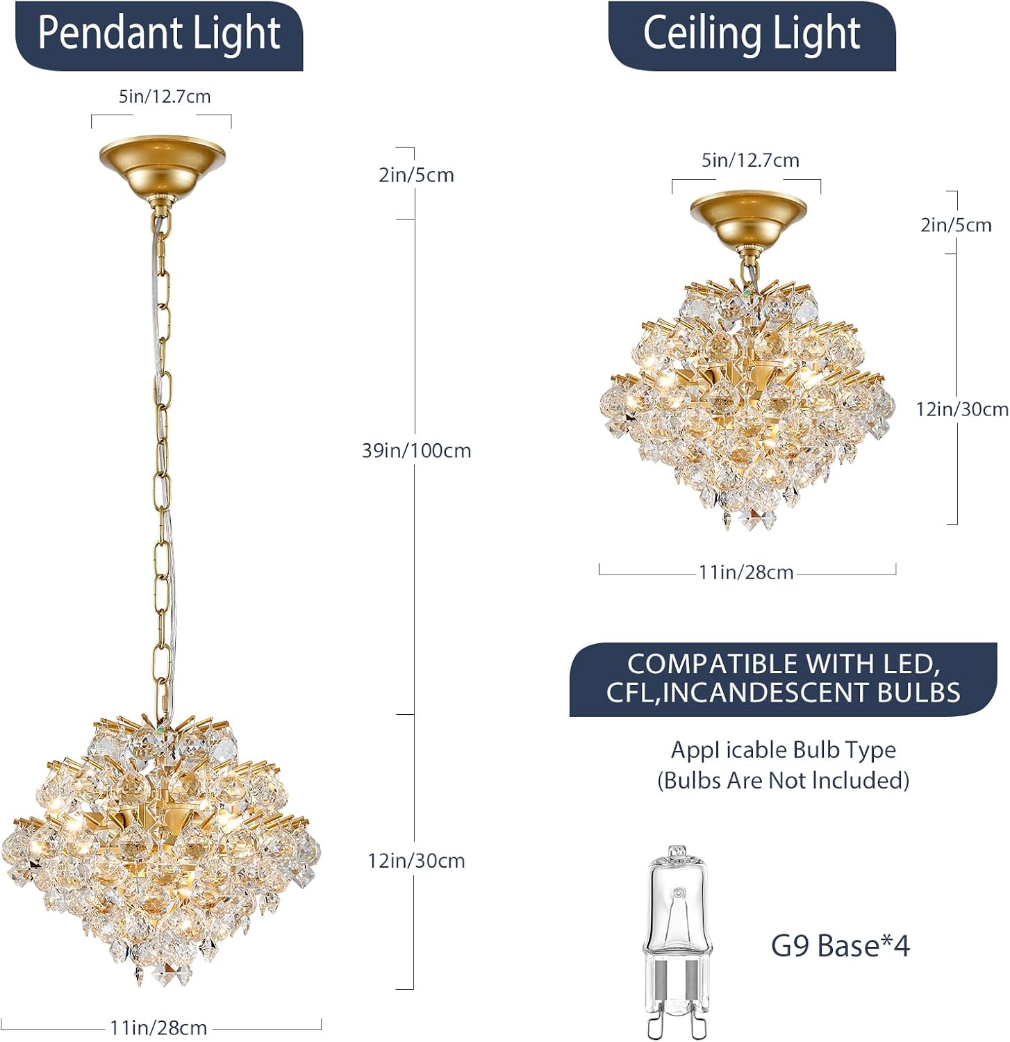 Bestier Gold Modern Pendant Chandelier Crystal Raindrop Lighting Ceiling Light Fixture Lamp for Dining Room Bathroom Bedroom Livingroom 4 G9 Bulbs Required D11 in x H12 in