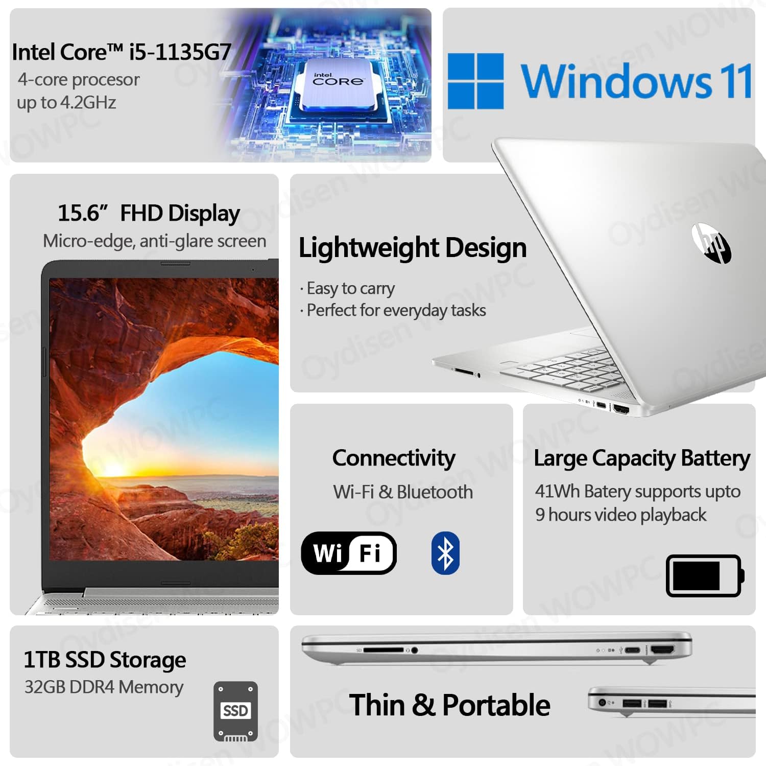 HP 15.6 inch Laptop, Intel Core i5-1135G7 Processor, 15.6' FHD Anti-Glare LED Display, HDMI, Wi-Fi and Bluetooth, Lightweight Design, Fast Charge, Windows 11 Home (32GB RAM | 1TB SSD)