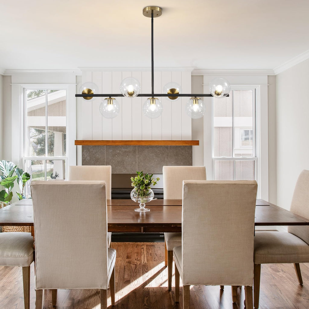 KCO Lighting Black and Brass Chandelier Light Fixture 7 Light Clear Glass Bubble Chandelier Modern Large Globe Sputnik Chandeliers Farmhouse Gold Linear Kitchen Pendant Lighting
