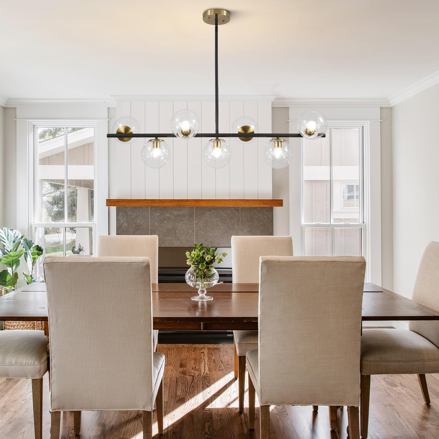 KCO Lighting Black and Brass Chandelier Light Fixture 7 Light Clear Glass Bubble Chandelier Modern Large Globe Sputnik Chandeliers Farmhouse Gold Linear Kitchen Pendant Lighting