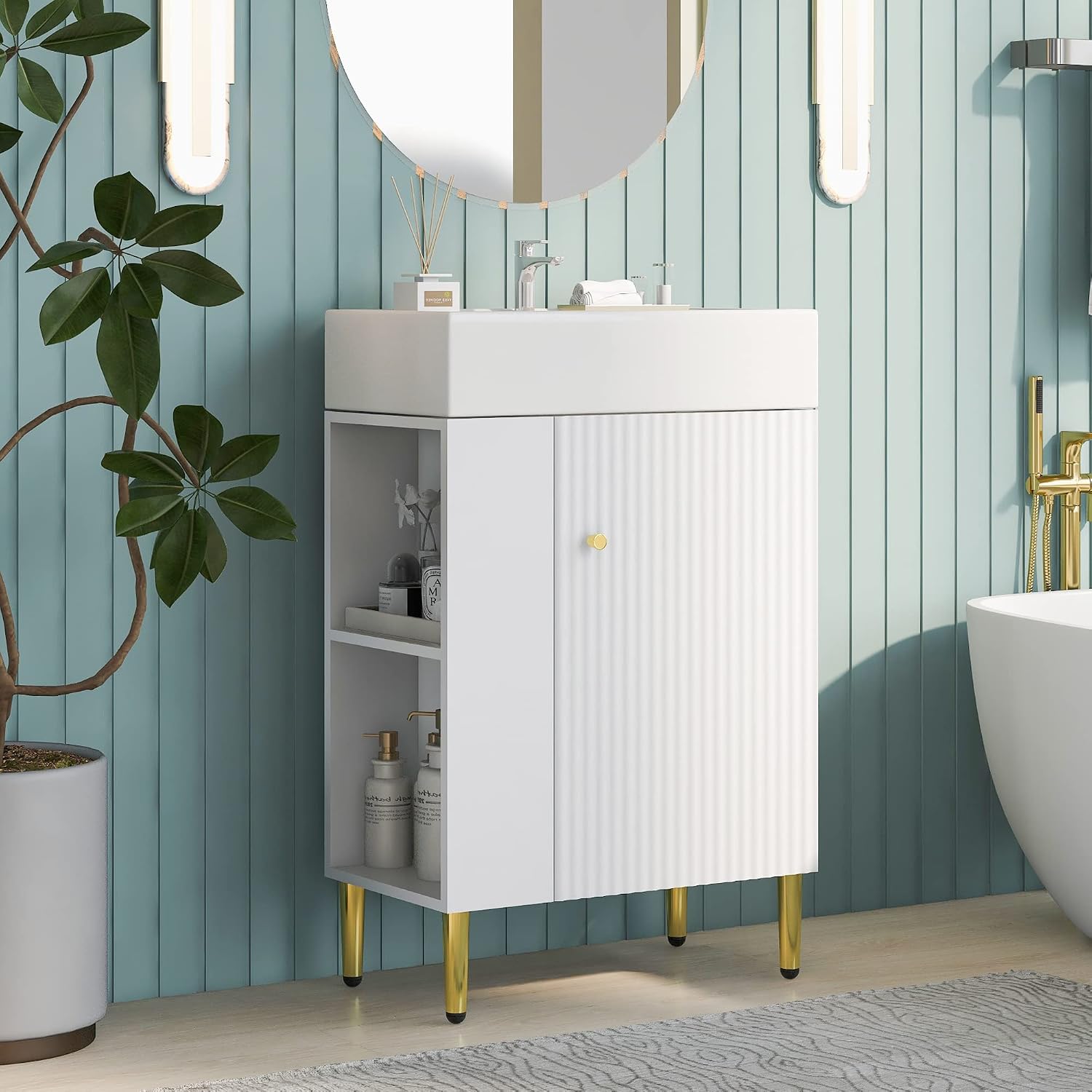 21.6-Inch Bathroom Vanity with Sink, Free Standing Vanity Cabinet with Storage Cabinet & Left Two-Tier Shelf, Solid Wood Bath Organizer with Ceramic Sink for Bathroom, White