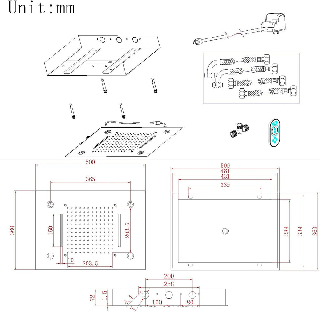 14X20 Inch LED Ceiling Rain Shower Head Rectangle Embedded Type With LED Lights Remote Control (Waterfall And Rain Shower Head, Brushed Nickel)