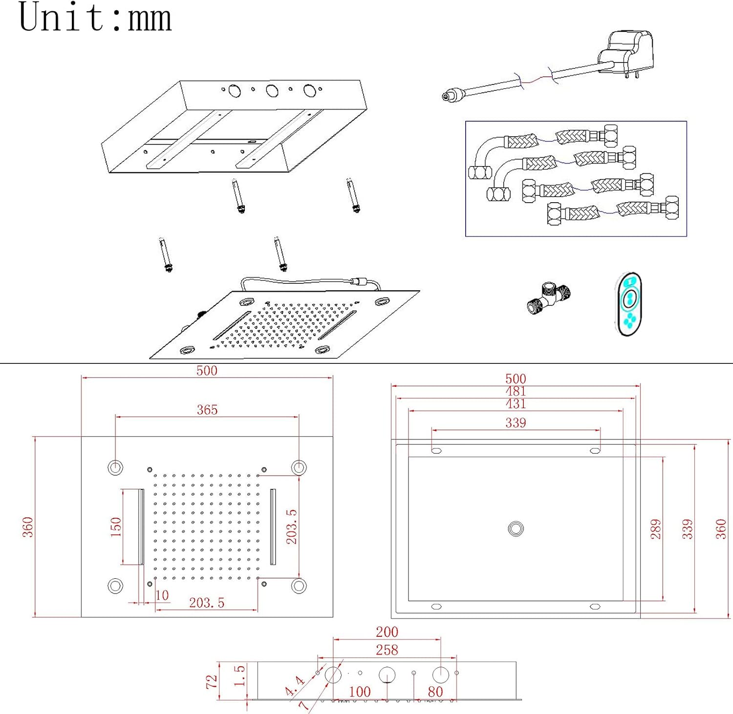 14X20 Inch LED Ceiling Rain Shower Head Rectangle Embedded Type With LED Lights Remote Control (Waterfall And Rain Shower Head, Brushed Nickel)