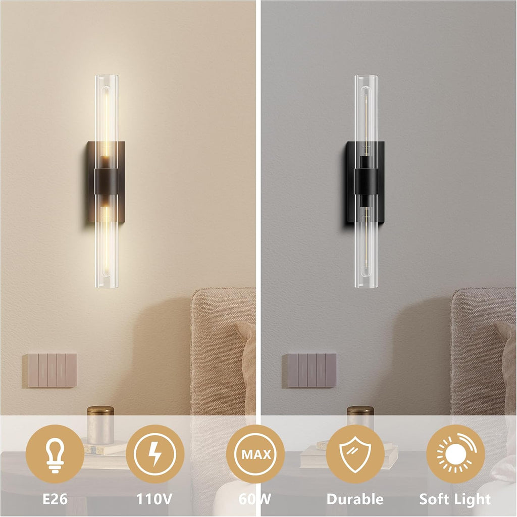 Brass Wall Sconces Set of 2, Bathroom Sconces Wall Lighting, Black Sconces Wall Lighting with Clear Glass Wall Lamp,Wall Mount Lamps Wall Lights for Vanity Light Bedroom Living Room Hallway