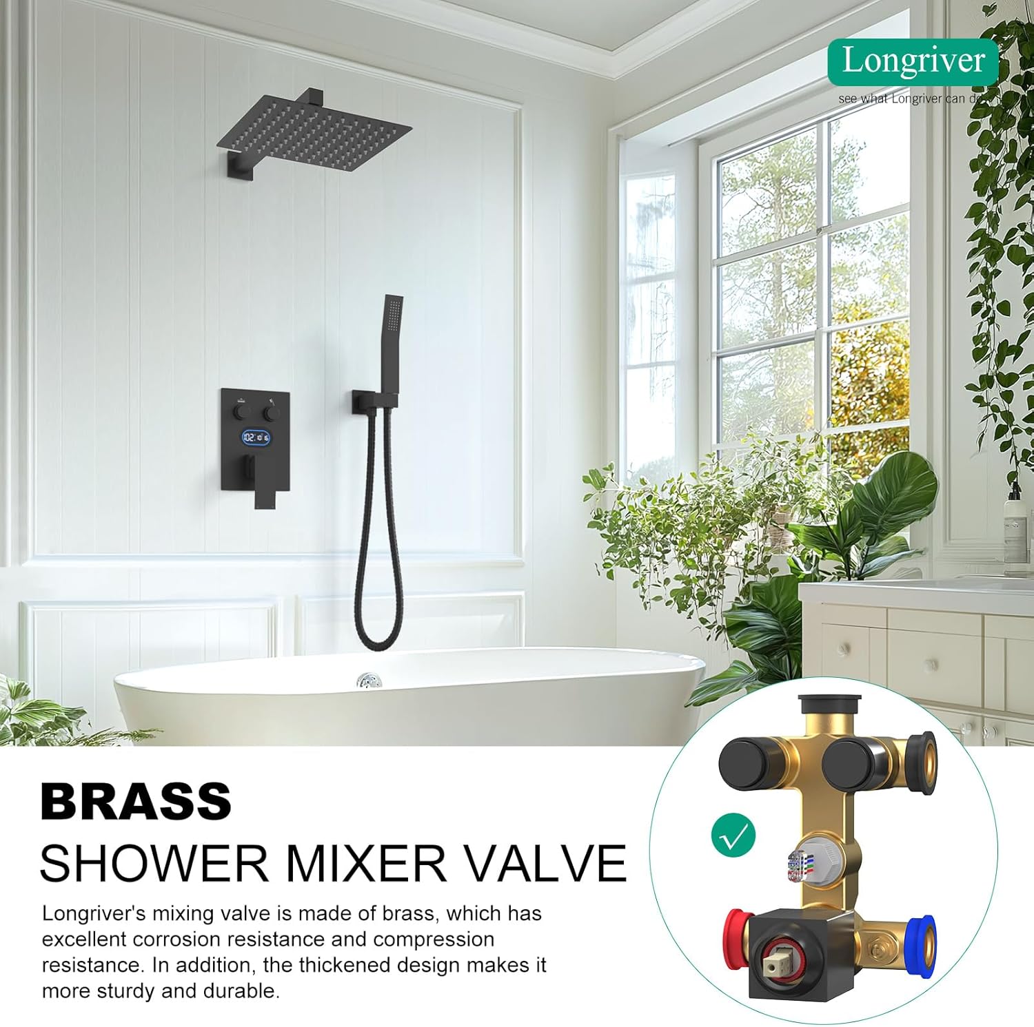 Push Button Diverter Shower Faucet Set, Hydro Power Temperature Display, Shower System 10 Inch Shower Head with Handheld Spray, Wall Mounted Shower Fixtures with Shower Valve and Trim Kit, Matte Black