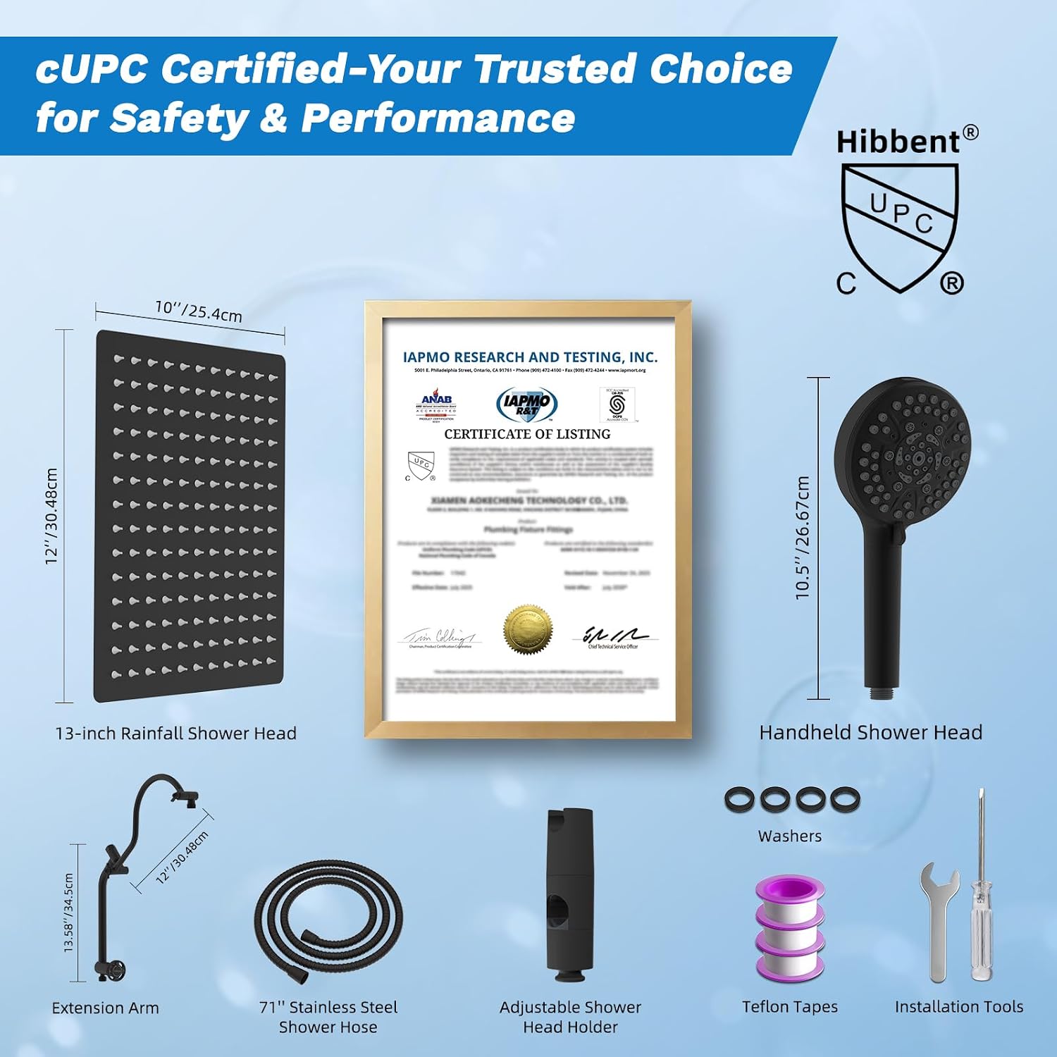 Hibbent cUPC Certified All Metal 12' Rainfall Showerhead Combo, High Pressure Shower Head with 10-Sprays Handheld, Innovative 4-way Diverter with Pause Mode, 71'' Shower Hose and Holder, Matte Black