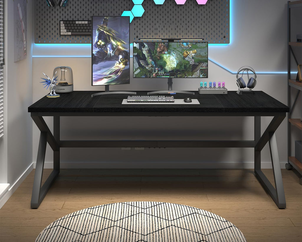 HSH 70 Inch Long Black Desk, Large Metal Wood Computer Desk for 2 Monitors, Modern Home Office PC Laptop Desk for 2 People Executive Writing Work Study Gaming, Simple Bedroom Living Room Black Table