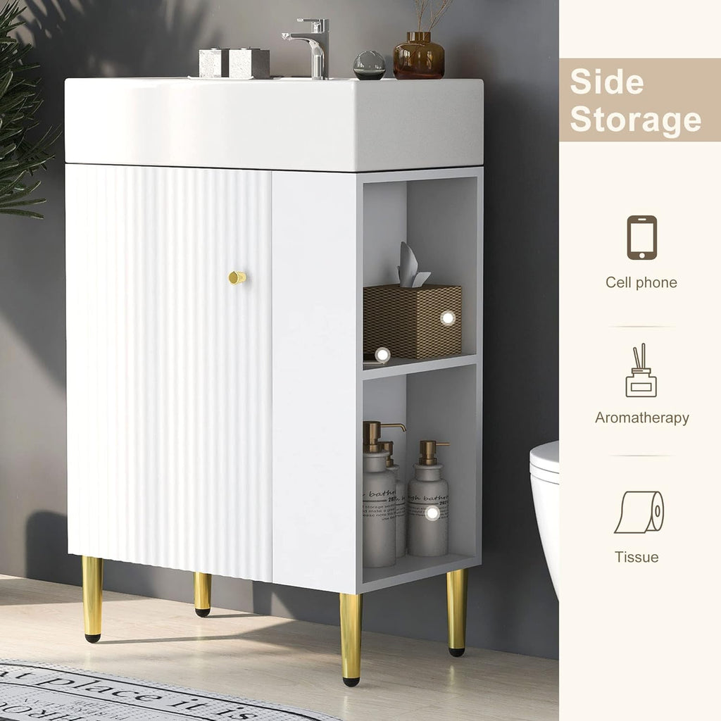 21.6-Inch Bathroom Vanity with Sink, Free Standing Vanity Cabinet with Storage Cabinet & Right Two-Tier Shelf, Wood Bath Organizer with Ceramic Sink for Bathroom, White