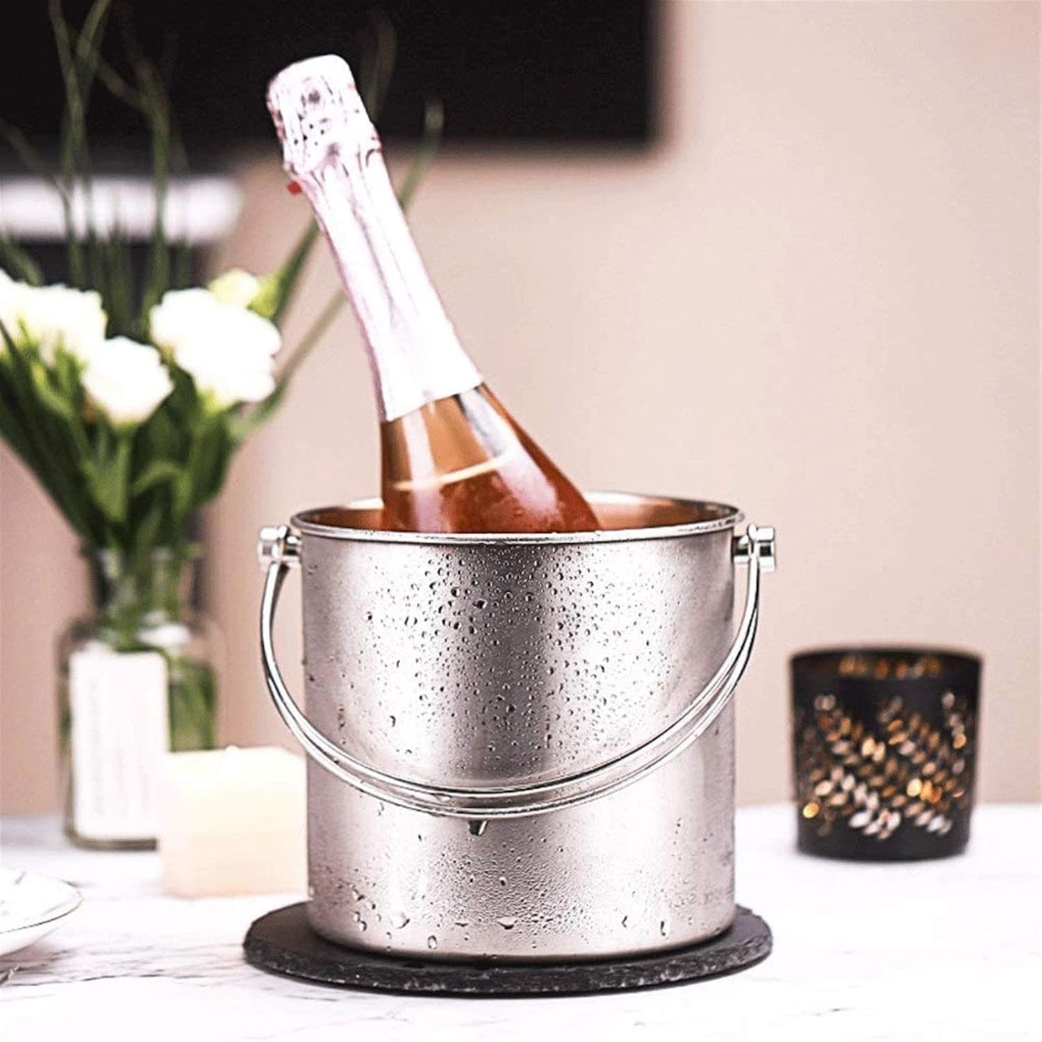 ice bucket, Ice Bucket - Ice Bucket with Scoop Lid and Handle, Stainless Steel (Size : Medium)