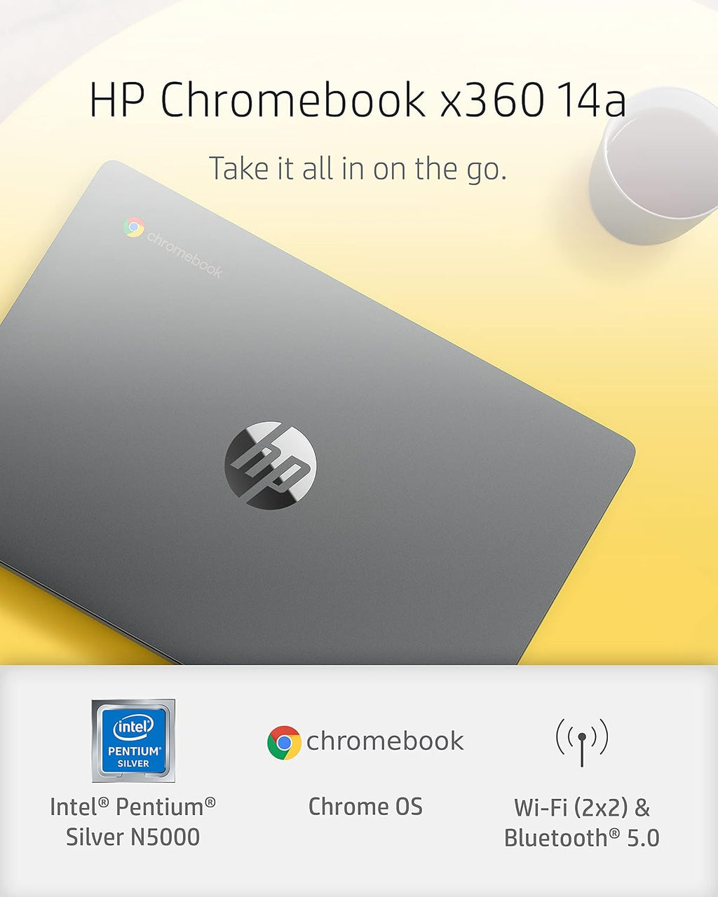 HP Chromebook x360 14a 2-in-1 Laptop, Intel Pentium Silver N5000 Processor, 4 GB RAM, 64 GB eMMC, 14' HD Display, Chrome OS with Webcam & Dual Mics, Work, Play, Long Battery Life (14a-ca0022nr, 2021)