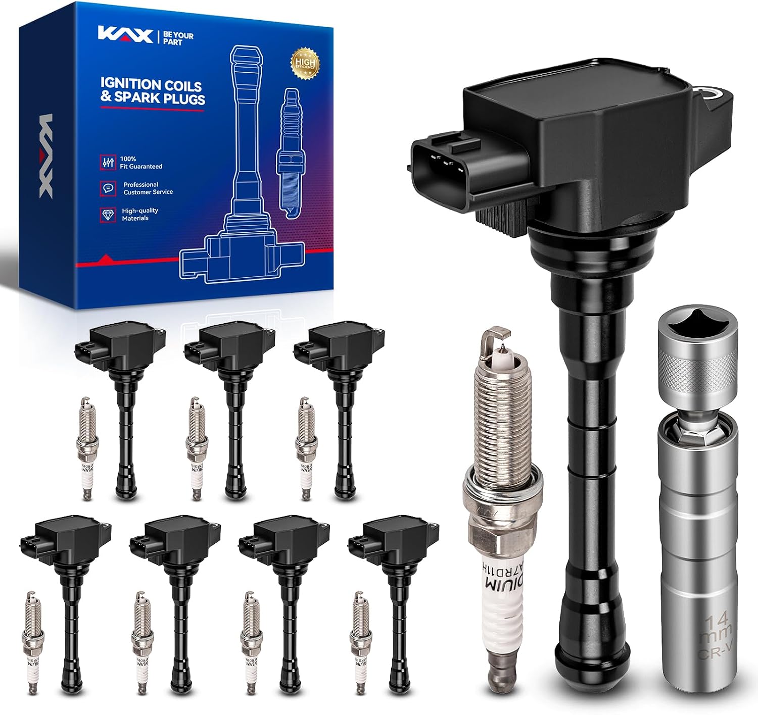 KAX 8-Pack Ignition Coil Pack & Iridium Spark Plugs Kit w/Magnetic Socket Compatible with Nissan Altima 2019-2021 2.5L, Rogue 2021 2.5L, Replace#UF861, 3529