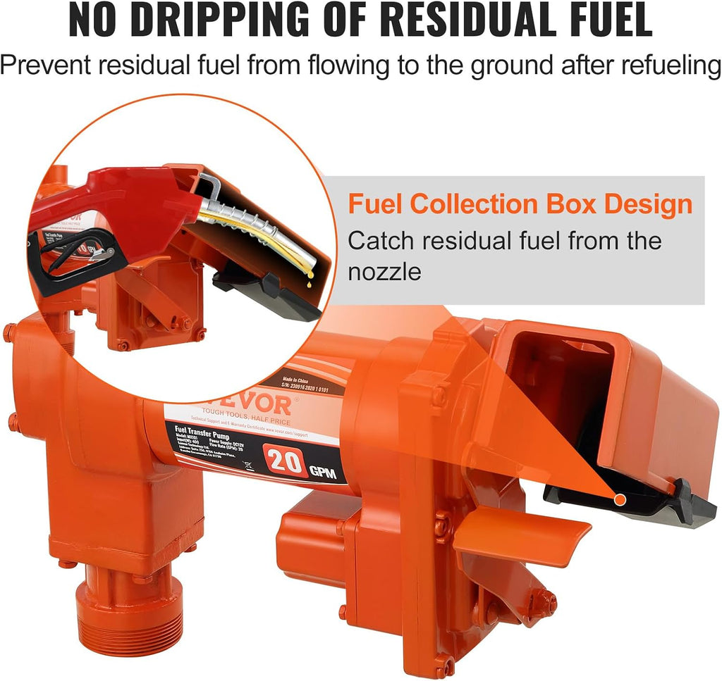 VEVOR Fuel Transfer Pump, 12V DC 20 GPM 1/4 HP, High Flow Cast Iron Gasoline Extractor Pump with Fuel Collection Box Design for Gasoline, Diesel, Kerosene, Ethanol & Methanol Blends, and Biodiesel