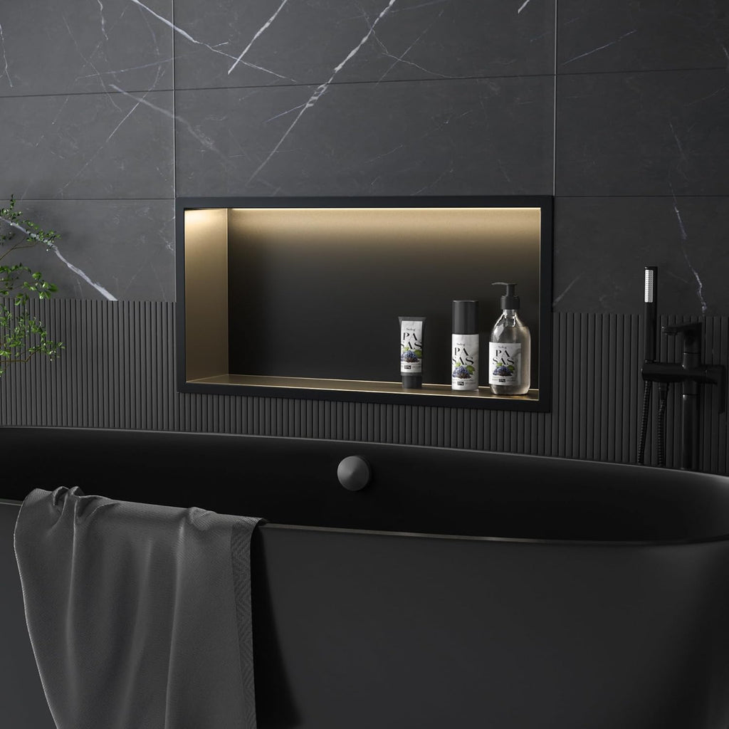 Stainless Steel Led Shower Niche Black 24' X 12' No Tile Needed | Recessed shower niche,IP66 waterproof,Led driver included,horizontal niche,non-dimmable,3000K warm light,bathroom storage