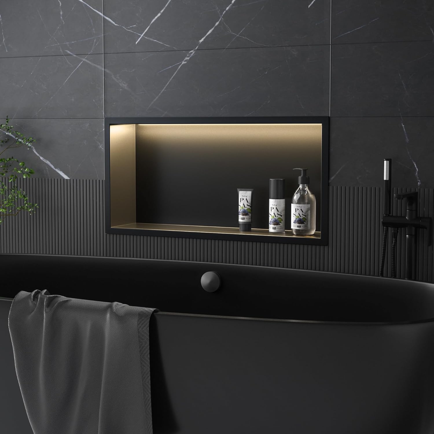 Stainless Steel Led Shower Niche Black 24' X 12' No Tile Needed | Recessed shower niche,IP66 waterproof,Led driver included,horizontal niche,non-dimmable,3000K warm light,bathroom storage