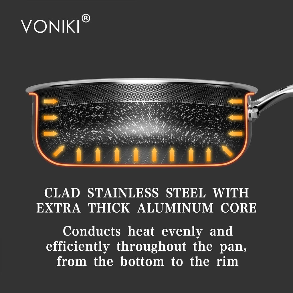 VONIKI Hybrid Tri-ply Stainless Steel Cookware Set, Pots And Pans Set Non Stick with Steamer Basket, Non Toxic Induction Cookware, Kitchen Cookware Sets PFOA & PTFE Free, Dishwasher and Oven Safe