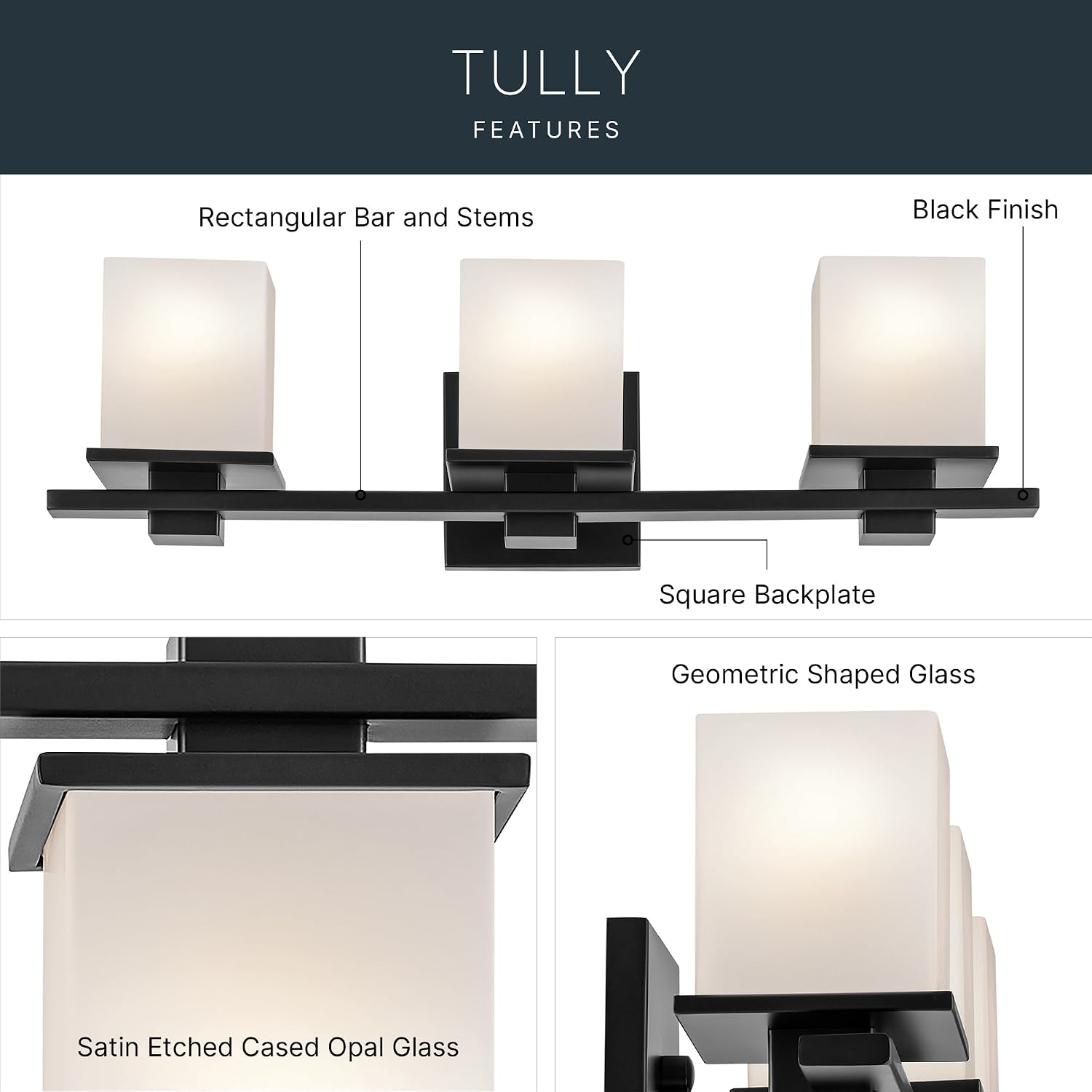 Kichler Tully 24' 3-Light Bathroom Vanity Light Fixture with Satin Etched Cased Opal Glass in Black for Over Mirror, Soft Modern Style (24' x 6.5' x 7'), 45151BK