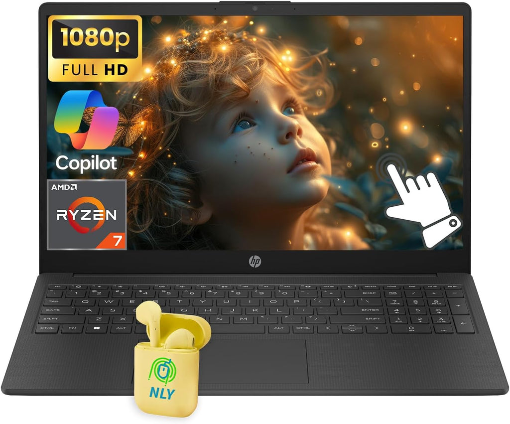 HP 15 Laptop, 15.6' FHD IPS Touch Screen Student Business Laptop Computer, 16GB RAM 512GB SSD, AMD Ryzen 7 Processor, AI Copilot, Wi-Fi 6, Windows 11, Numeric Keypad, HD Webcam, NLY Earphones, Black