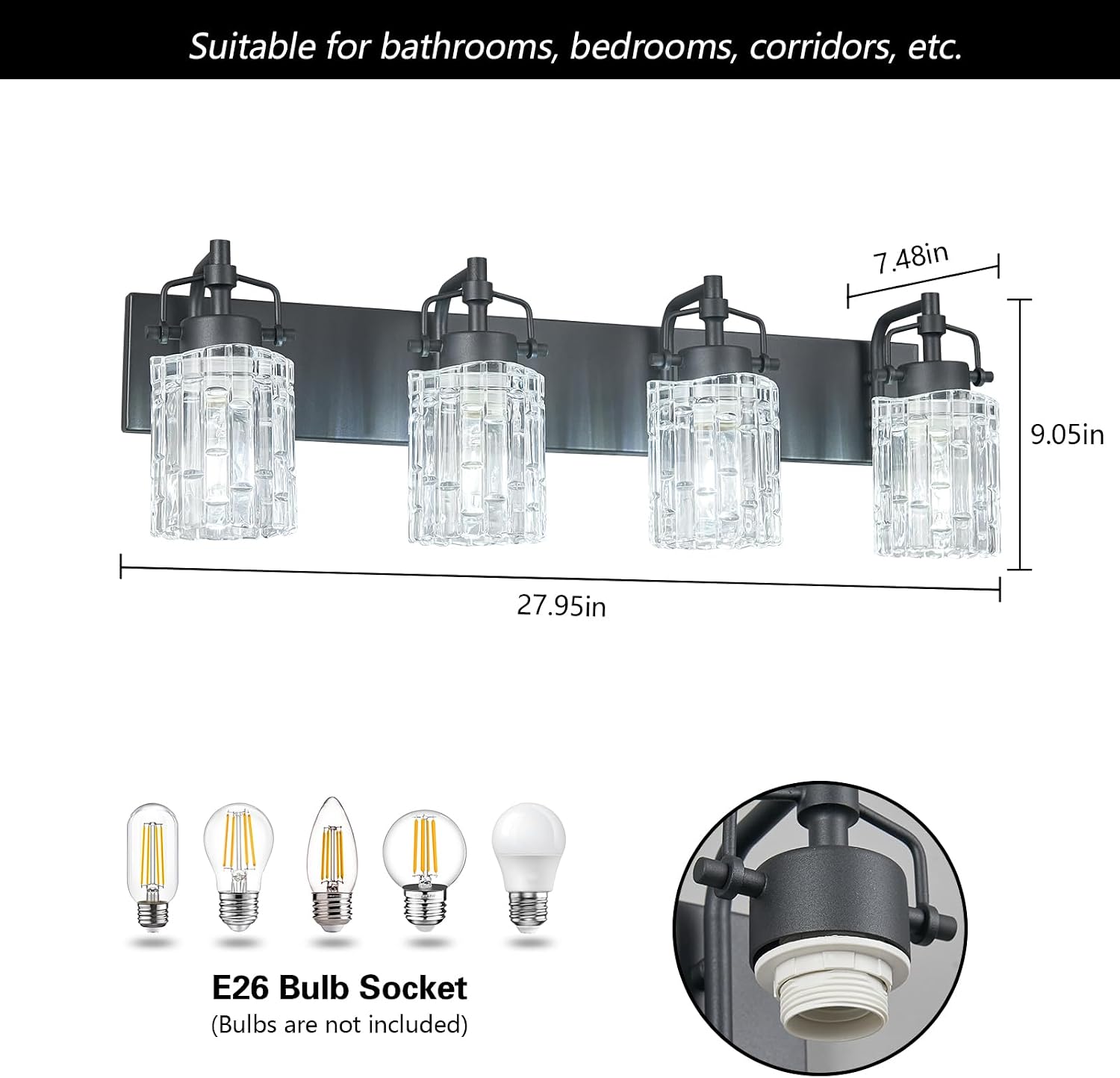4 Light Crystal Glass Vanity Light, Black Bathroom Lighting Fixtures Over Mirror Modern Bath Wall Sconce Lighting for Bedroom Living Room